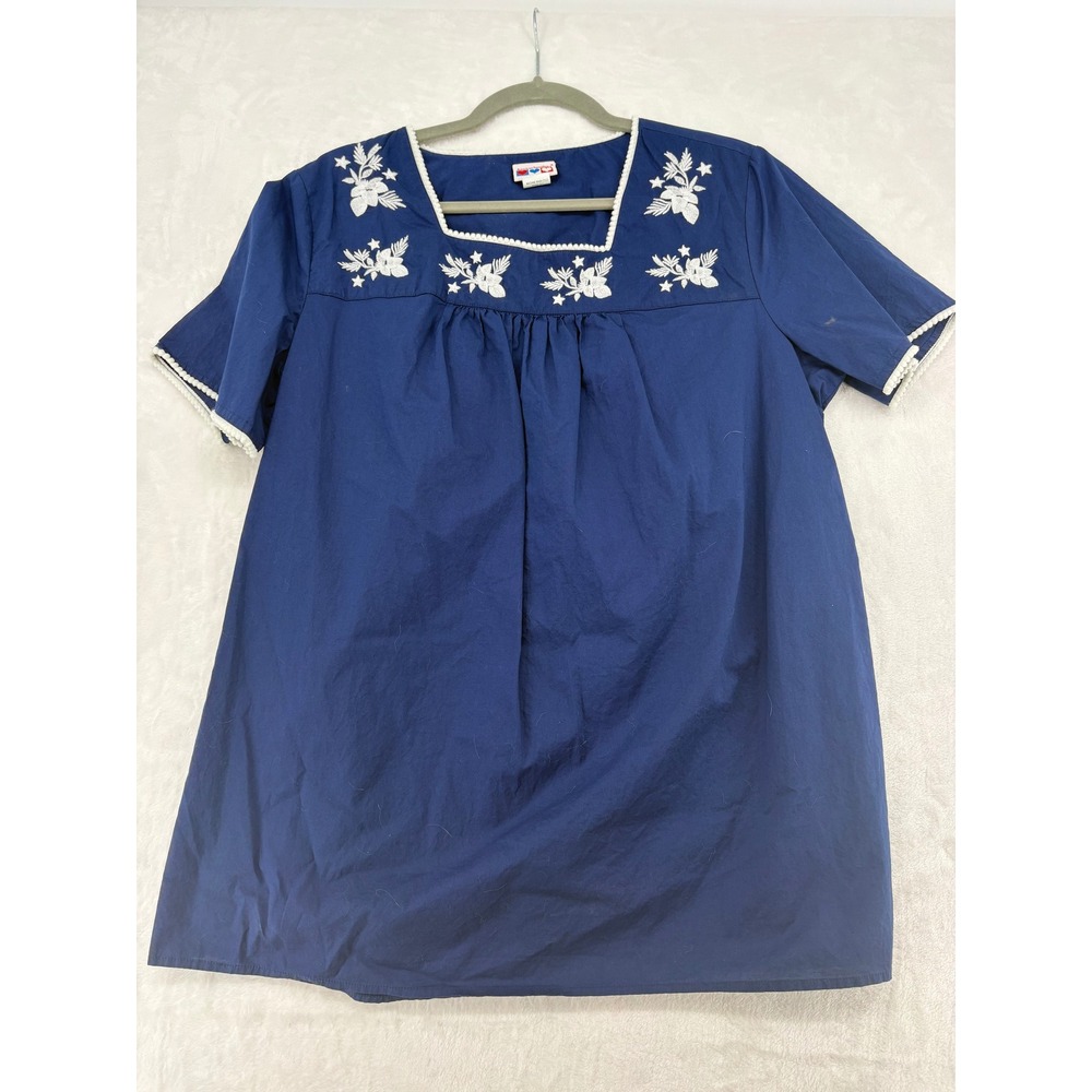 American Sweetheart Top Womens L Blouse‎ Navy Blue Floral Embroidered Cotton B1K
